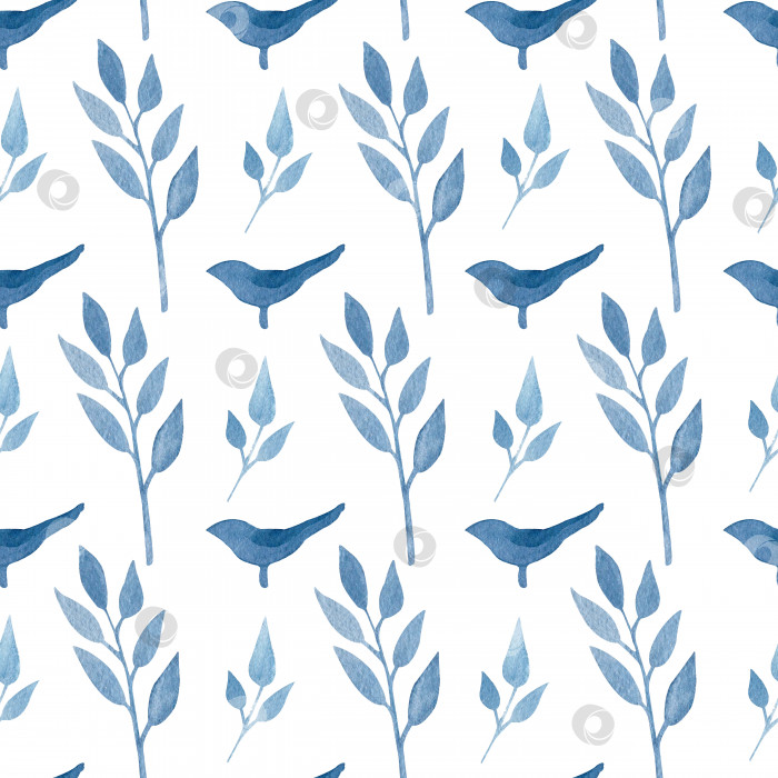 Скачать Акварельный бесшовный ботанический узор, нарисованный от руки, с синими листьями фантастических растений и силуэтом птицы фотосток Ozero