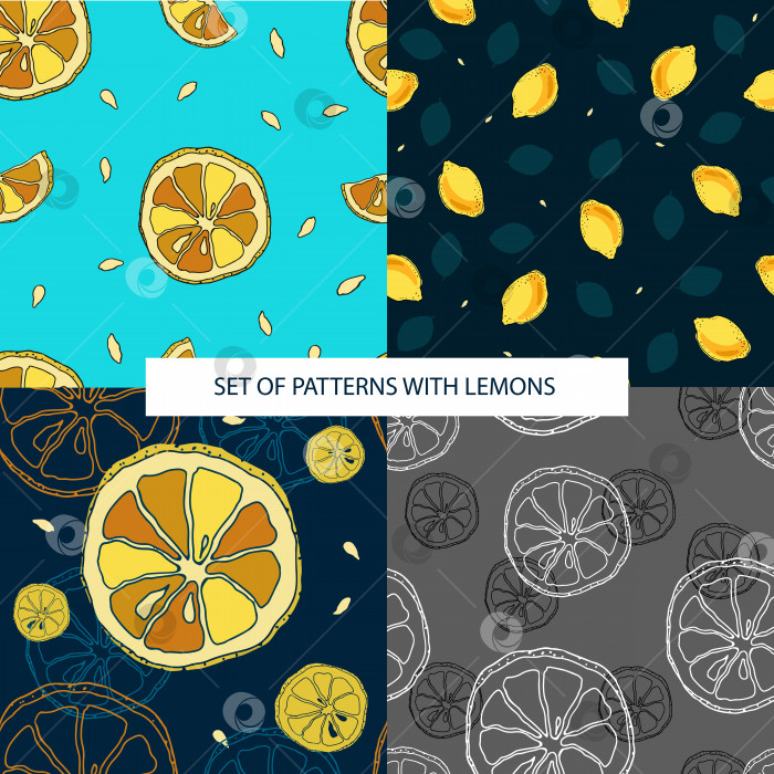 Скачать Комплект с бесшовным рисунком с лимонами. Вектор. Иллюстрация фотосток Ozero