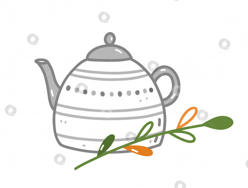 Скачать Симпатичный керамический чайник с осенней веточкой, выделенной на белом фоне фотосток Ozero