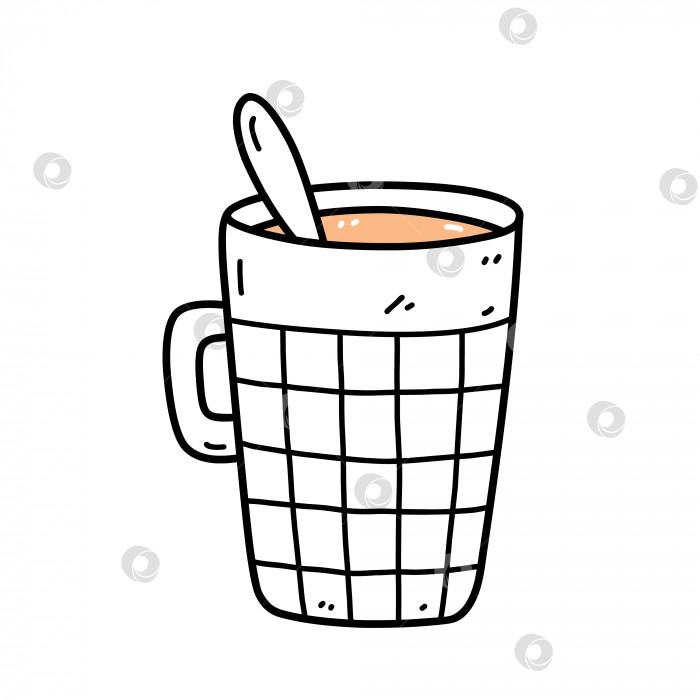 Скачать Симпатичная чашка кофе с ложкой, выделенная на белом фоне. Векторная рисованная иллюстрация в стиле каракулей. Идеально подходит для открыток, меню, логотипа, украшений. фотосток Ozero
