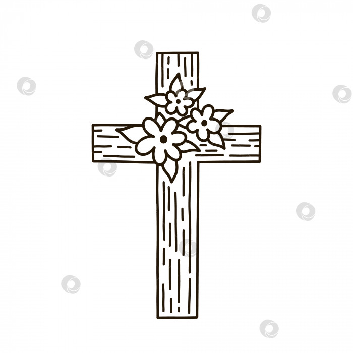 Скачать Пасхальный христианский крест с цветами, выделенными на белом фоне. Векторная рисованная иллюстрация в стиле каракулей. Идеально подходит для праздничного оформления, открыток, логотипов, украшений, приглашений. фотосток Ozero