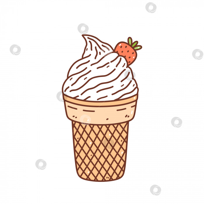 Скачать Милое ванильное мороженое с клубникой. Сладкий летний десерт, выделенный на белом фоне. Векторная рисованная иллюстрация в стиле каракулей. Идеально подходит для праздничного оформления, открыток, украшений, меню, логотипа фотосток Ozero