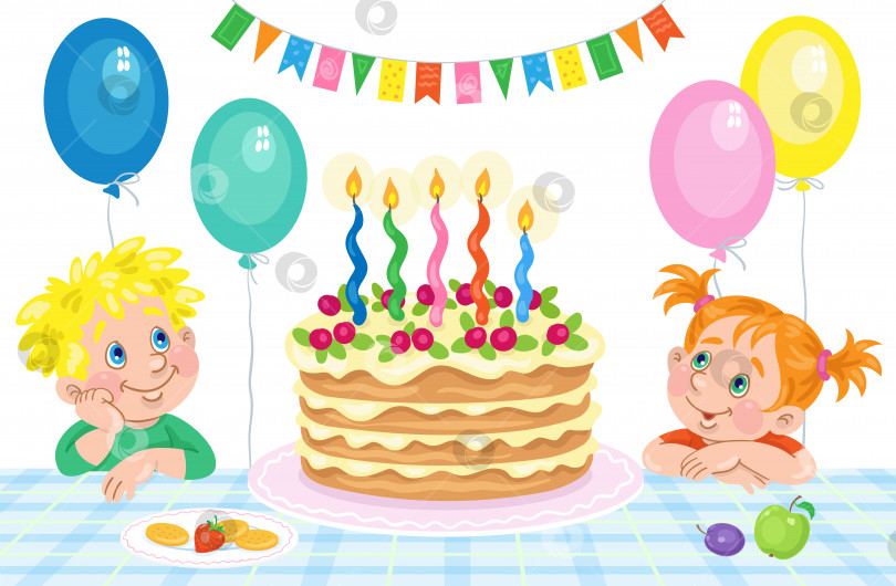 Скачать С днем рождения! Милые маленькие мальчик и девочка за столом с большим тортом со свечами. Комната украшена флагами и воздушными шарами. фотосток Ozero