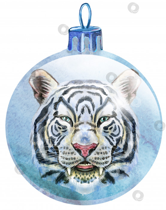Скачать Акварельный белый рождественский шар с тигром, выделенным на белом фоне. фотосток Ozero