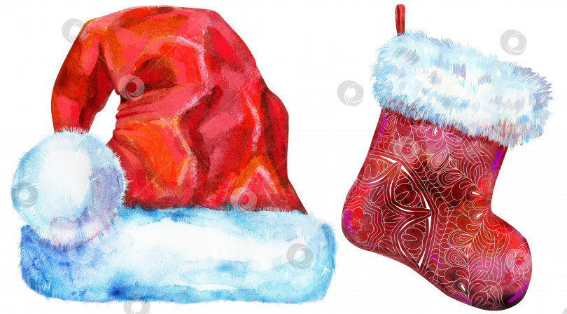 Скачать Рождественская красная шляпа Санты и носок в подарок, акварельная иллюстрация фотосток Ozero