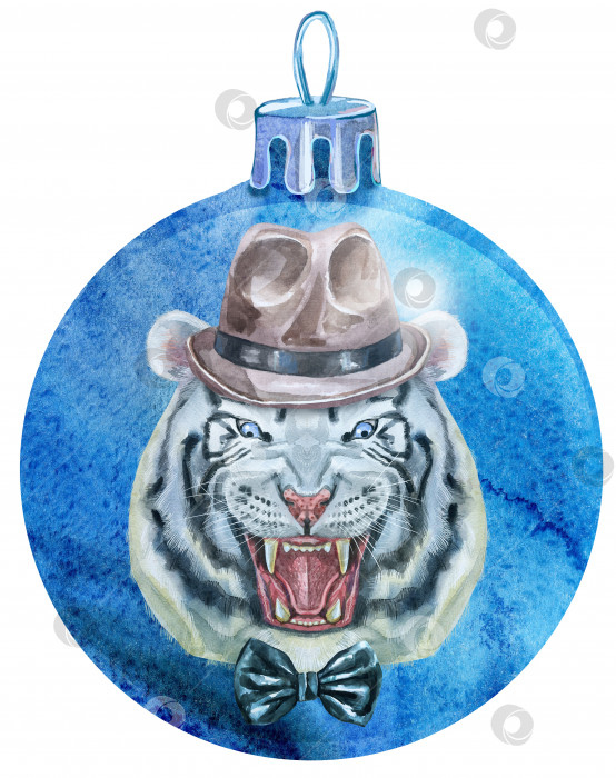 Скачать Акварельно-голубой рождественский шар с тигром, выделенным на белом фоне. фотосток Ozero
