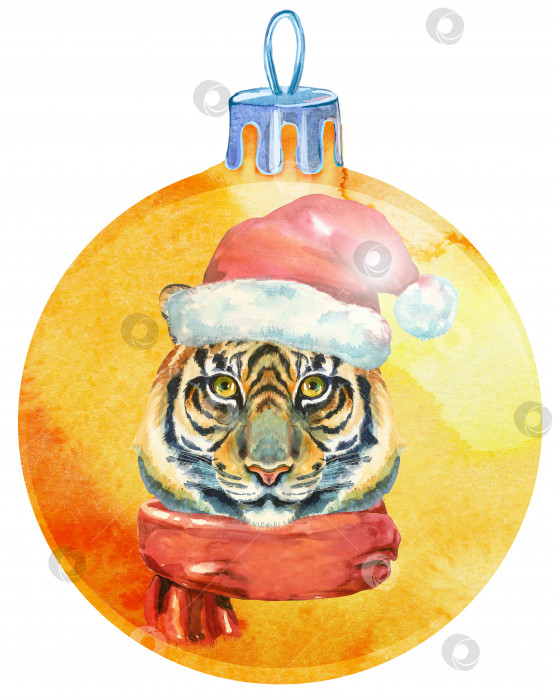 Скачать Акварельный желтый рождественский шар с тигром, выделенным на белом фоне. фотосток Ozero