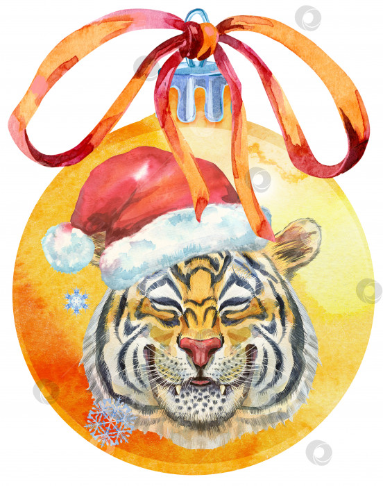 Скачать Акварельный желтый рождественский шар с бантом и тигром, выделенный на белом фоне. фотосток Ozero