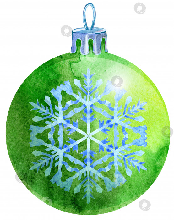 Скачать Акварельный зеленый рождественский шар со снежинкой, выделенной на белом фоне. фотосток Ozero