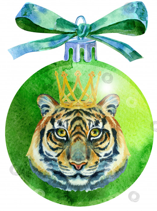Скачать Акварельный зеленый рождественский шар с бантом и тигром, выделенный на белом фоне. фотосток Ozero