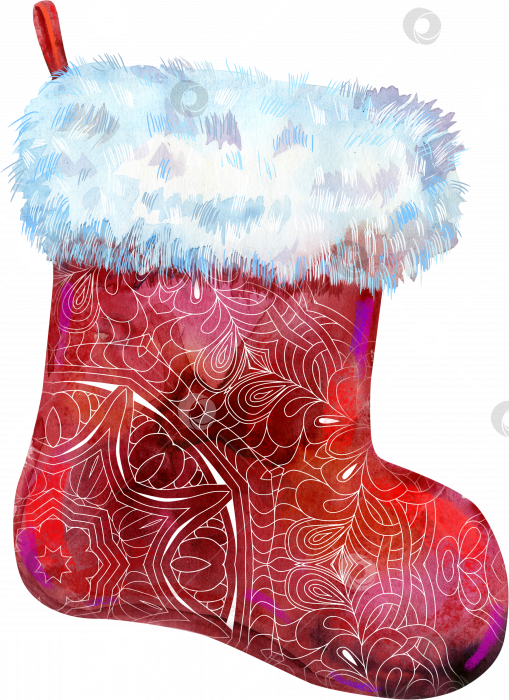 Скачать Рождественский красный носок с рисунком и белым мехом. Акварельная иллюстрация. Изолированный. фотосток Ozero