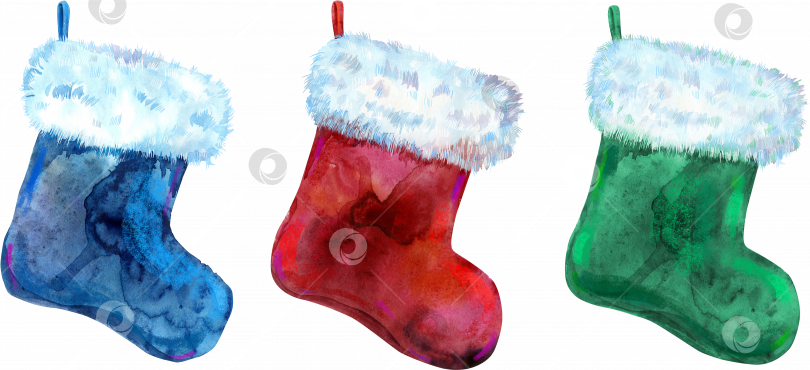 Скачать Рождественские носки с ярким рисунком и белым мехом. Акварельная иллюстрация. Изолированный. фотосток Ozero