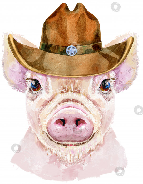 Скачать Акварельный портрет мини-свинки в ковбойской шляпе фотосток Ozero