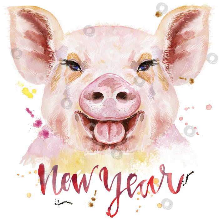 Скачать Акварельный портрет свиньи с надписью "Новый год" фотосток Ozero