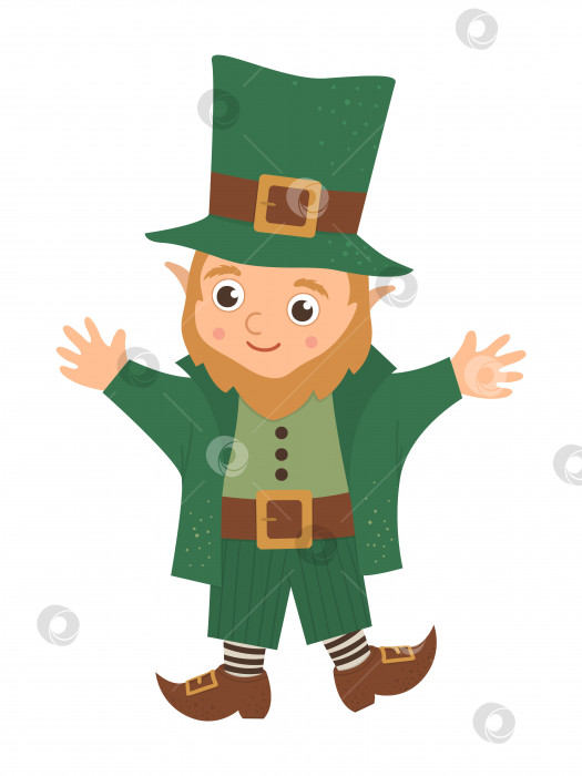 Скачать Векторный плоский забавный лепрекон в зеленой традиционной одежде и шляпе. Симпатичная иллюстрация ко Дню Святого Патрика. Значок национального ирландского праздника, выделенный на белом фоне. фотосток Ozero