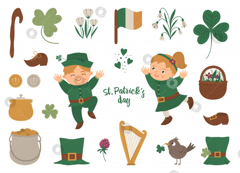 Скачать Векторный набор символов Дня Святого Патрика. Значки национальных ирландских праздников, выделенные на белом фоне. Милые забавные плоские мальчик и девочка в зеленой одежде с трилистником и традиционными предметами. фотосток Ozero