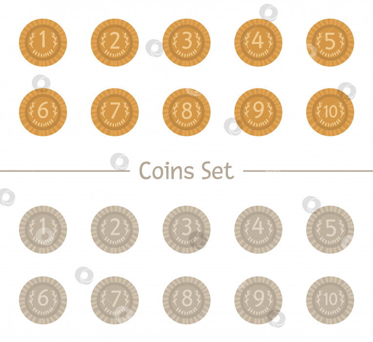 Скачать Векторный набор монет в мультяшном стиле. Серебряные и золотые денежные символы, выделенные на белом фоне. Иллюстрация с цифрами для счета, математики или деловой активности. фотосток Ozero