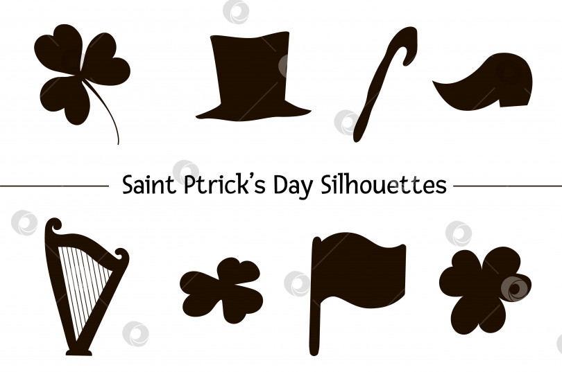 Скачать Векторный набор силуэтных символов Дня Святого Патрика. Черные значки национального ирландского праздника, выделенные на белом фоне. фотосток Ozero