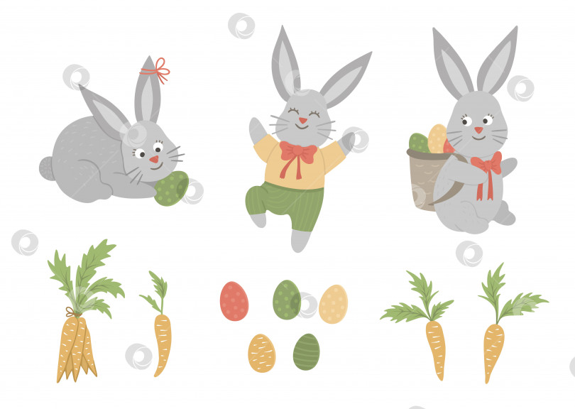 Скачать Векторный набор милых забавных пасхальных кроликов с крашеными яйцами и морковью. Весенняя забавная иллюстрация. Коллекция элементов дизайна для христианского праздника фотосток Ozero