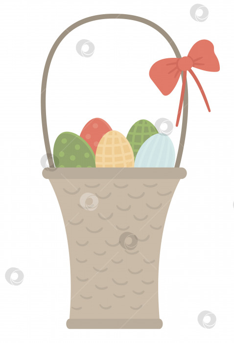 Скачать Векторная иллюстрация корзины с крашеными яйцами и бантом, выделенными на белом фоне. Традиционный символ Пасхи и элемент дизайна. Симпатичная картинка с весенним значком. фотосток Ozero