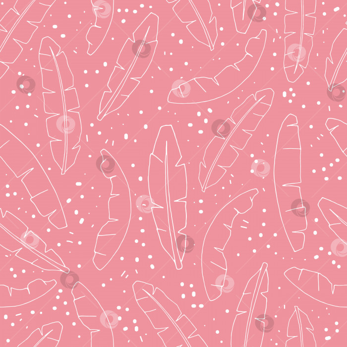 Скачать Векторный бесшовный узор из белых очерченных банановых листьев на розовом фоне. Повторите тропический фон. Обои с экзотическими джунглями. Милая летняя иллюстрация фотосток Ozero