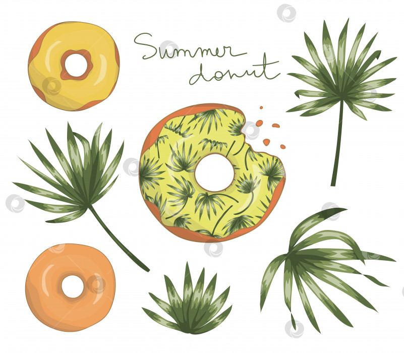 Скачать Векторная иллюстрация пончика с желтой глазурью и зелеными листьями пальмы. Оригинальный дизайн летнего меню. Концепция тропического десерта. Экзотический пончик фотосток Ozero