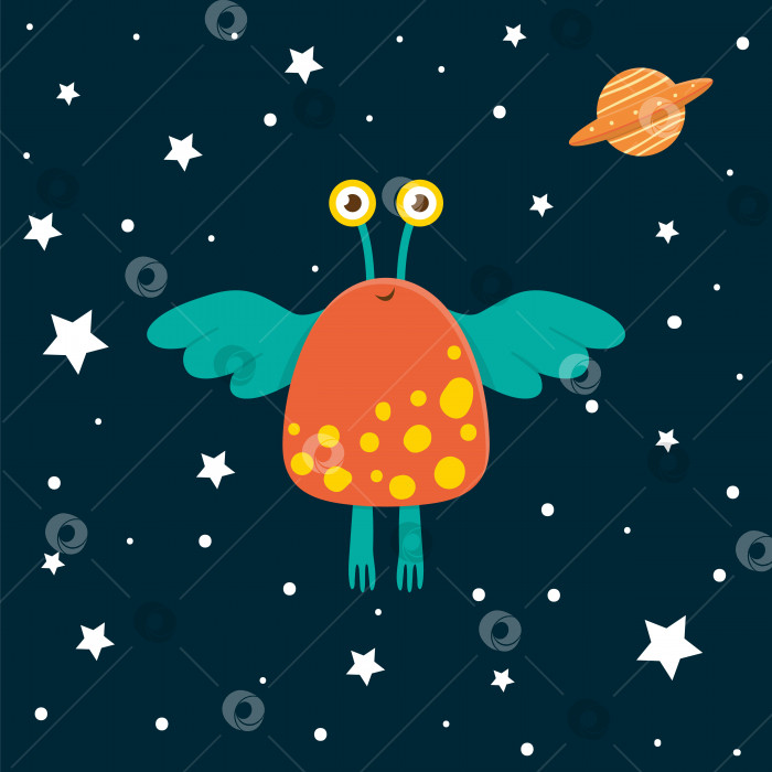 Скачать Векторный забавный инопланетянин с НЛО в космосе и звездами. Симпатичная космическая иллюстрация для детей на синем фоне фотосток Ozero