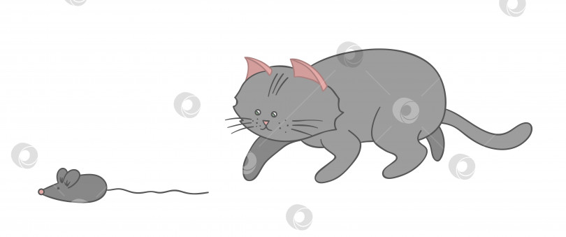 Скачать Векторная иллюстрация кошки, охотящейся на мышь. Картинка с милым котенком. Картинка в мультяшном стиле для детей. фотосток Ozero