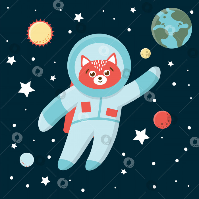 Скачать Векторная забавная лиса-астронавт в космосе с планетами и звездами. Симпатичная космическая иллюстрация для детей на синем фоне фотосток Ozero