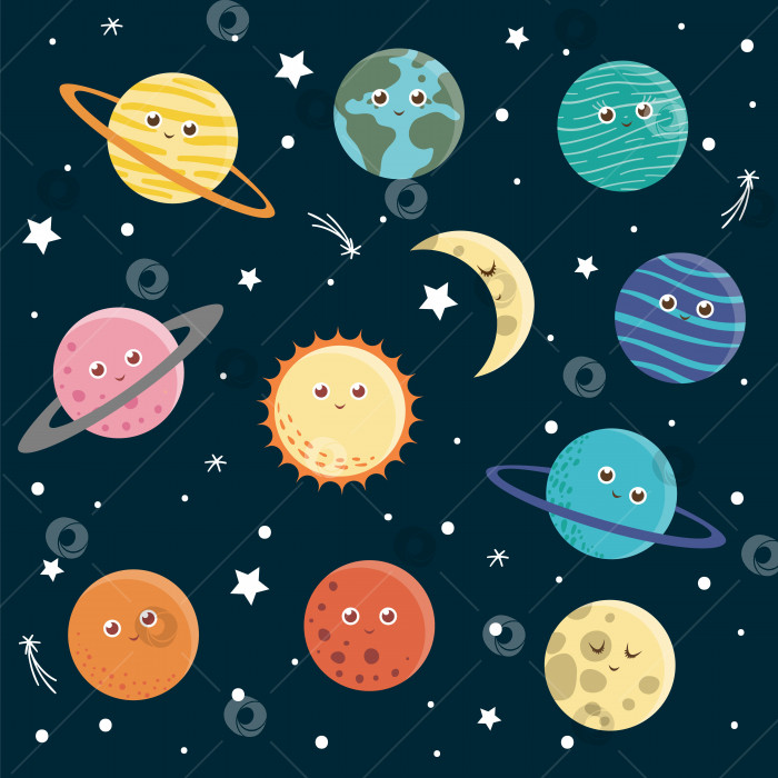 Скачать Векторный набор планет для детей. Яркая и симпатичная плоская иллюстрация улыбающейся Земли, Солнца, Луны, Венеры, Марса, Юпитера, Меркурия, Сатурна, Нептуна на темно-синем фоне. Космическая картинка для детей. фотосток Ozero