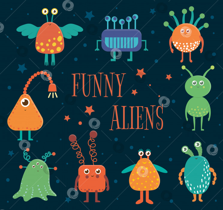 Скачать Векторный набор милых инопланетян для детей. Яркая и забавная плоская иллюстрация улыбающихся внеземных существ на синем фоне. фотосток Ozero