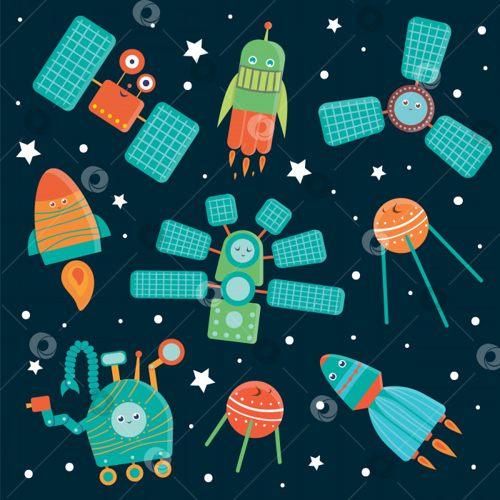 Скачать Векторный набор космической техники для детей. Яркая и симпатичная плоская иллюстрация космического корабля, ракеты, спутника, космической станции, марсохода на темно-синем фоне фотосток Ozero