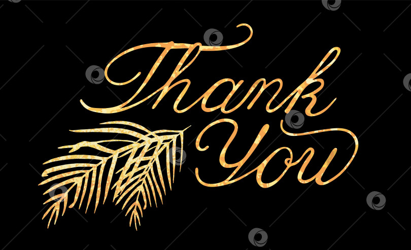 Скачать Векторная надпись "Спасибо" с текстурой золотой фольги и листьями пальмы на черном фоне. фотосток Ozero