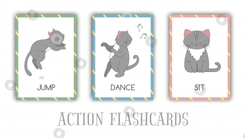 Скачать Векторный набор флэш-карт действий с кошкой. Симпатичный персонаж прыгает, танцует, сидит. Карточки для раннего обучения. фотосток Ozero