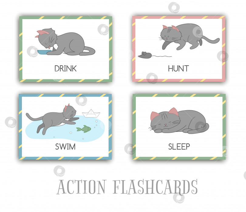 Скачать Векторный набор флэш-карт действий с кошкой. Милый персонаж плавает, охотится, спит, пьет. Карточки для раннего обучения. фотосток Ozero