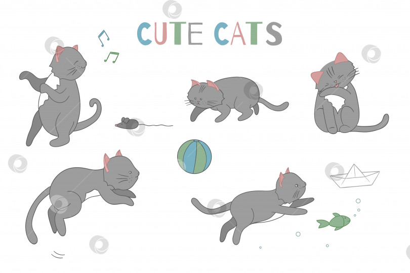 Скачать Векторный набор милых кошек в мультяшном стиле в разных позах. Иллюстрация персонажа животного для детей. Нарисованные от руки линейные рисунки забавного котенка. Большая коллекция домашних животных для детей, раскраски, анимация. фотосток Ozero