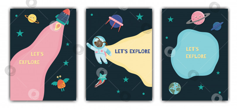 Скачать Шаблон векторной космической открытки. Баннер с галактикой, звездами, астронавтом, инопланетянином, планетой, космическим кораблем для детей. Симпатичная плоская иллюстрация фотосток Ozero