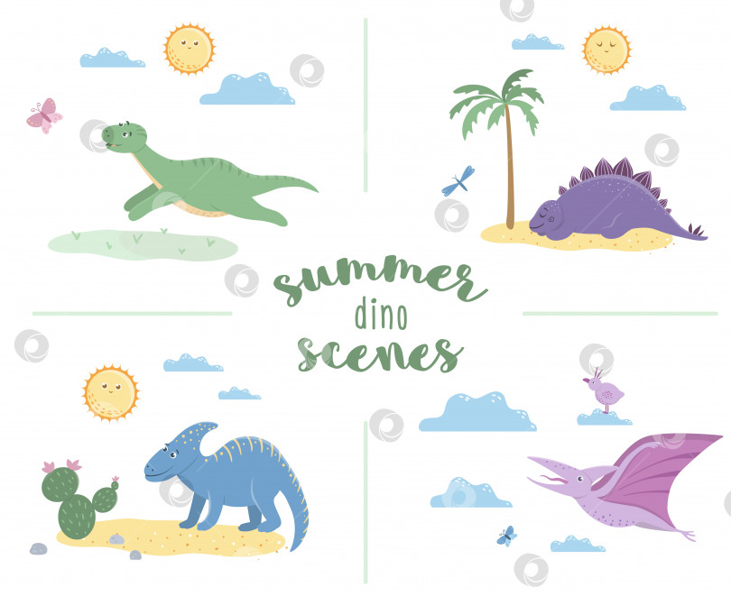 Скачать Летние сцены с милыми динозаврами. Иллюстрация с динозаврами, играющими, спящими, загорающими, бегающими. Забавная иллюстрация доисторических рептилий для детей фотосток Ozero