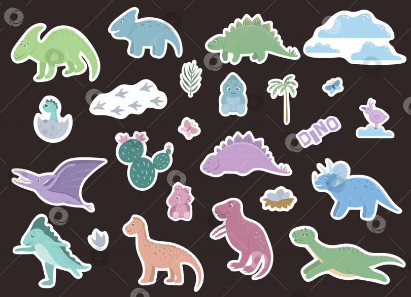 Скачать Векторный набор наклеек с милыми динозаврами с облаками, яйцами, птицами, следами ног, кактусом, пальмой для детей. Концепция плоских мультяшных персонажей динозавров. Симпатичная иллюстрация доисторических рептилий. фотосток Ozero