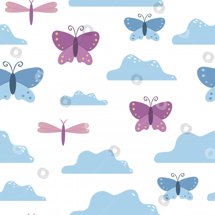 Скачать Векторный бесшовный узор для детей. Плоский мультяшный фон с бабочками, облаками, стрекозами. Симпатичная голубая и розовая иллюстрация фотосток Ozero