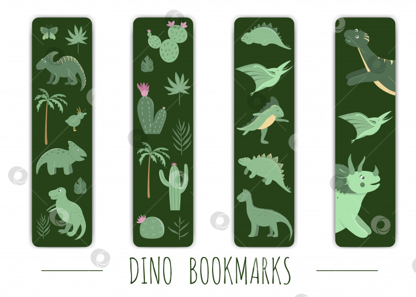 Скачать Векторный набор симпатичных закладок с зелеными динозаврами. Милые вертикальные шаблоны канцелярских принадлежностей для детей. Забавная иллюстрация доисторических рептилий для детей фотосток Ozero