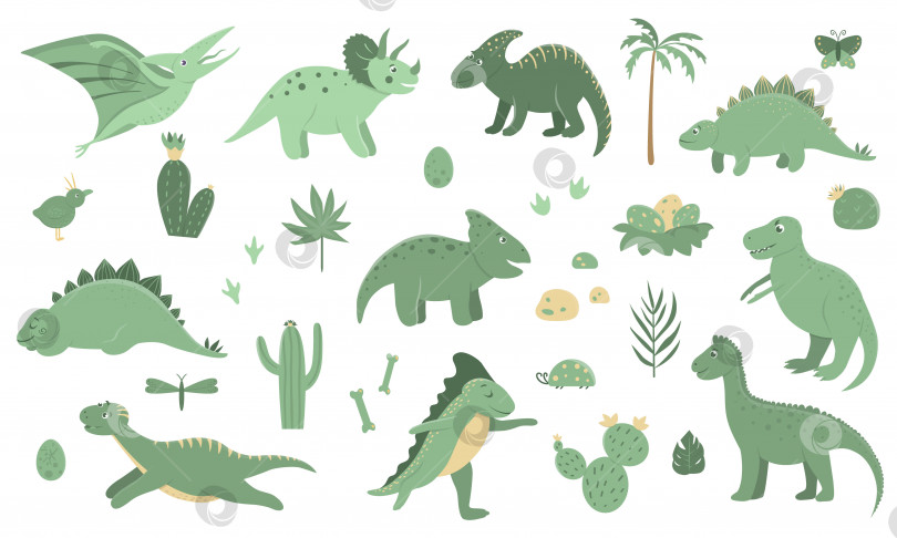 Скачать Векторный набор милых зеленых динозавров с пальмами, кактусами, камнями, следами ног, костями для детей. Фон плоского мультяшного персонажа динозавра. Симпатичная иллюстрация доисторической рептилии. фотосток Ozero