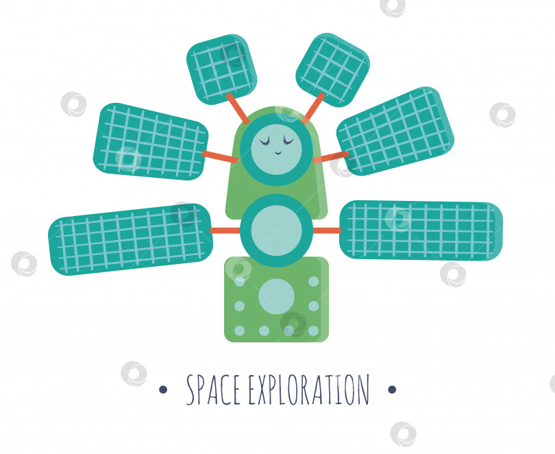 Скачать Векторная иллюстрация космической станции для детей. Яркая и симпатичная плоская картинка улыбающейся техники, изолированная на белом фоне. Концепция освоения космоса. фотосток Ozero