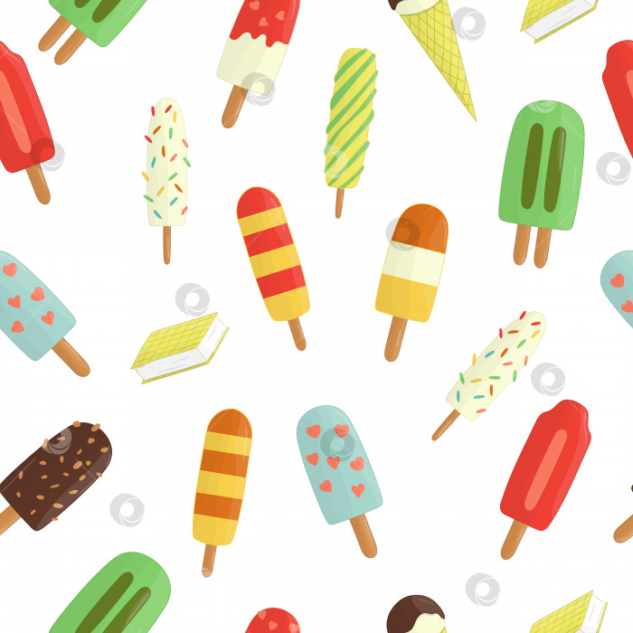 Скачать Векторный бесшовный узор из разноцветного мороженого. Сладкая текстура летнего десерта. Повторяющийся фон льда, выделенный на белом фоне. фотосток Ozero