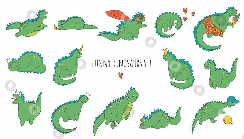 Скачать Векторный набор забавных цветных динозавров в разных позах. Концепция комиксного динозавра в мультяшном стиле. Каракули, изображающие саркастичных рептилий фотосток Ozero