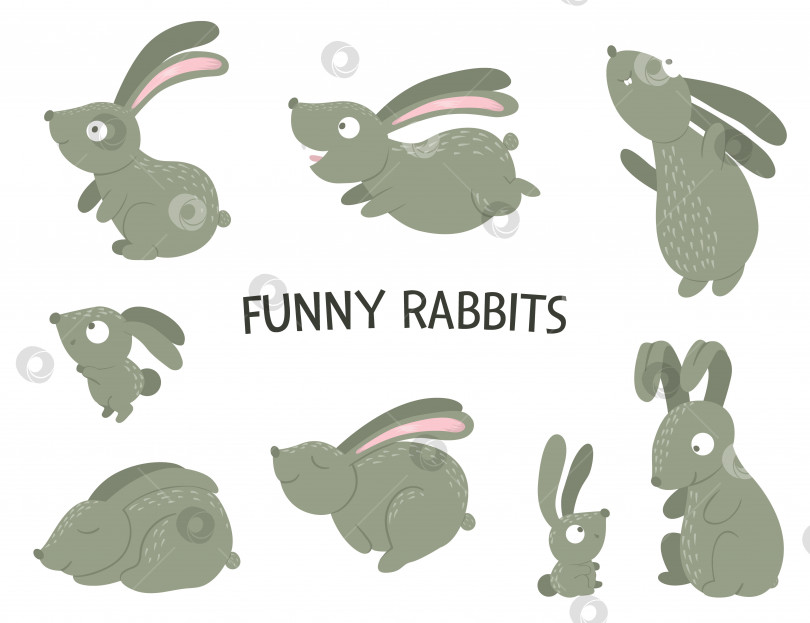 Скачать Векторный набор плоских забавных кроликов в мультяшном стиле в разных позах. Симпатичная иллюстрация с изображением лесных животных. Коллекция зайцев для детского дизайна. фотосток Ozero