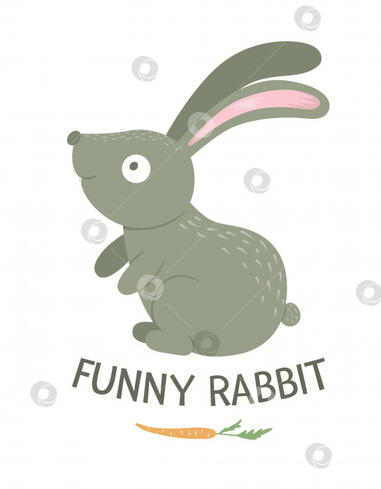 Скачать Векторный мультяшный стиль плоского забавного кролика с морковкой, изолированной на белом фоне. Симпатичная иллюстрация лесного животного. Значок сидящего зайца для детского дизайна. фотосток Ozero