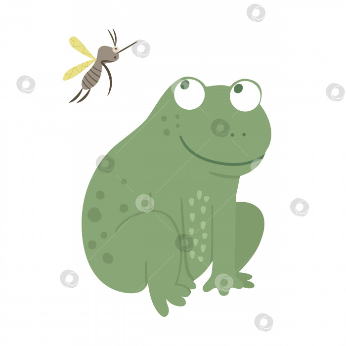 Скачать Плоская забавная лягушка в векторном мультяшном стиле с комаром, изолированным на белом фоне. Симпатичная иллюстрация лесного болотного животного. Значок сидящей амфибии для детского дизайна. фотосток Ozero