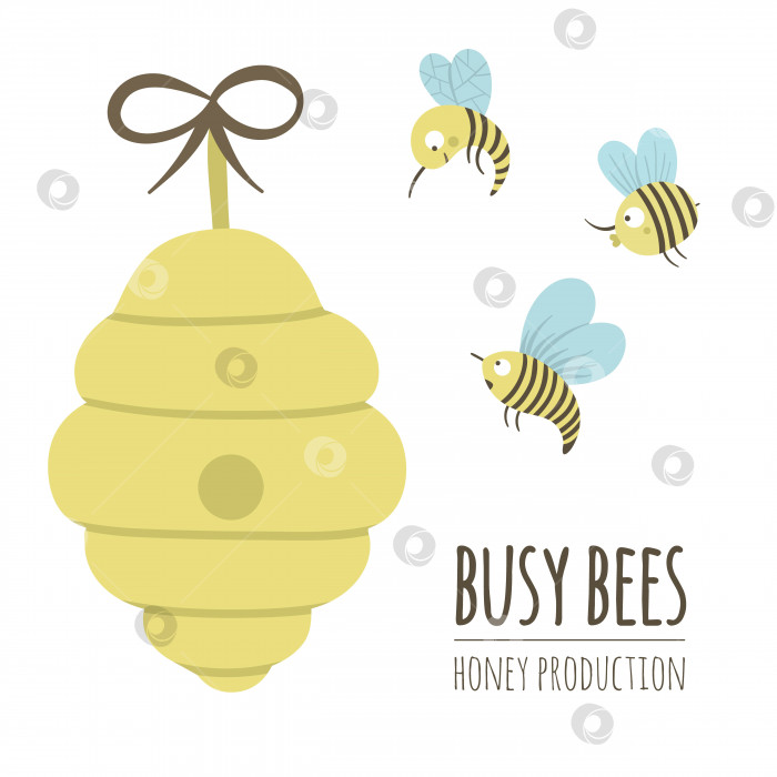 Скачать Векторная рисованная плоская иллюстрация улья с пчелами. Логотип производства меда, вывеска, баннер, плакат. Шаблон карточки для пчеловодческого бизнеса. фотосток Ozero