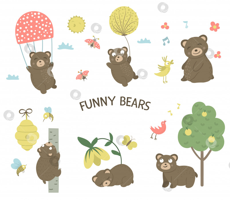 Скачать Векторный набор нарисованных от руки плоских медведей в мультяшном стиле в разных позах. Коллекция забавных сцен с участием Тедди. Симпатичная иллюстрация лесных животных для детского дизайна. фотосток Ozero